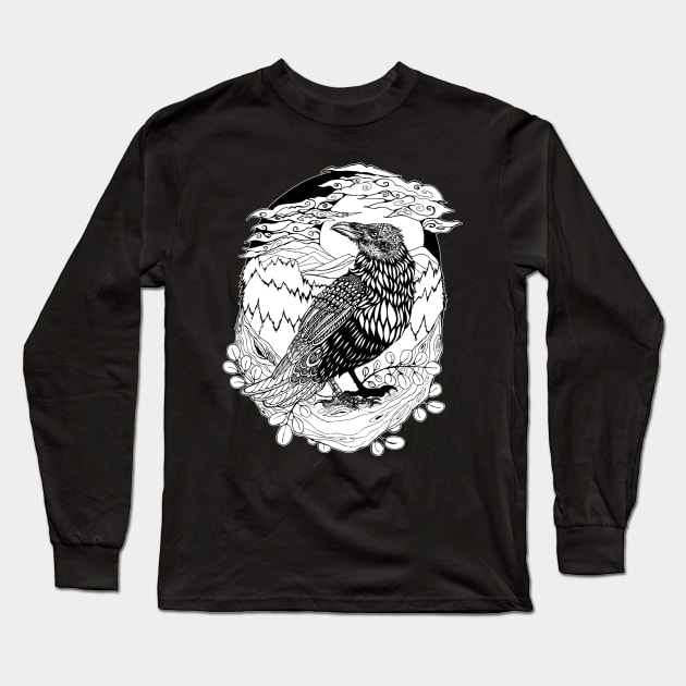 Patterned Woodland Raven - Black Linework Long Sleeve T-Shirt by Plaguedog